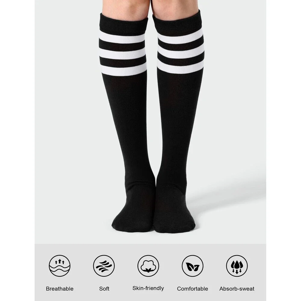 Joulli Women's Black Knee High Athletic Socks Stripe Tube Outdoor 3 PAIRS BW